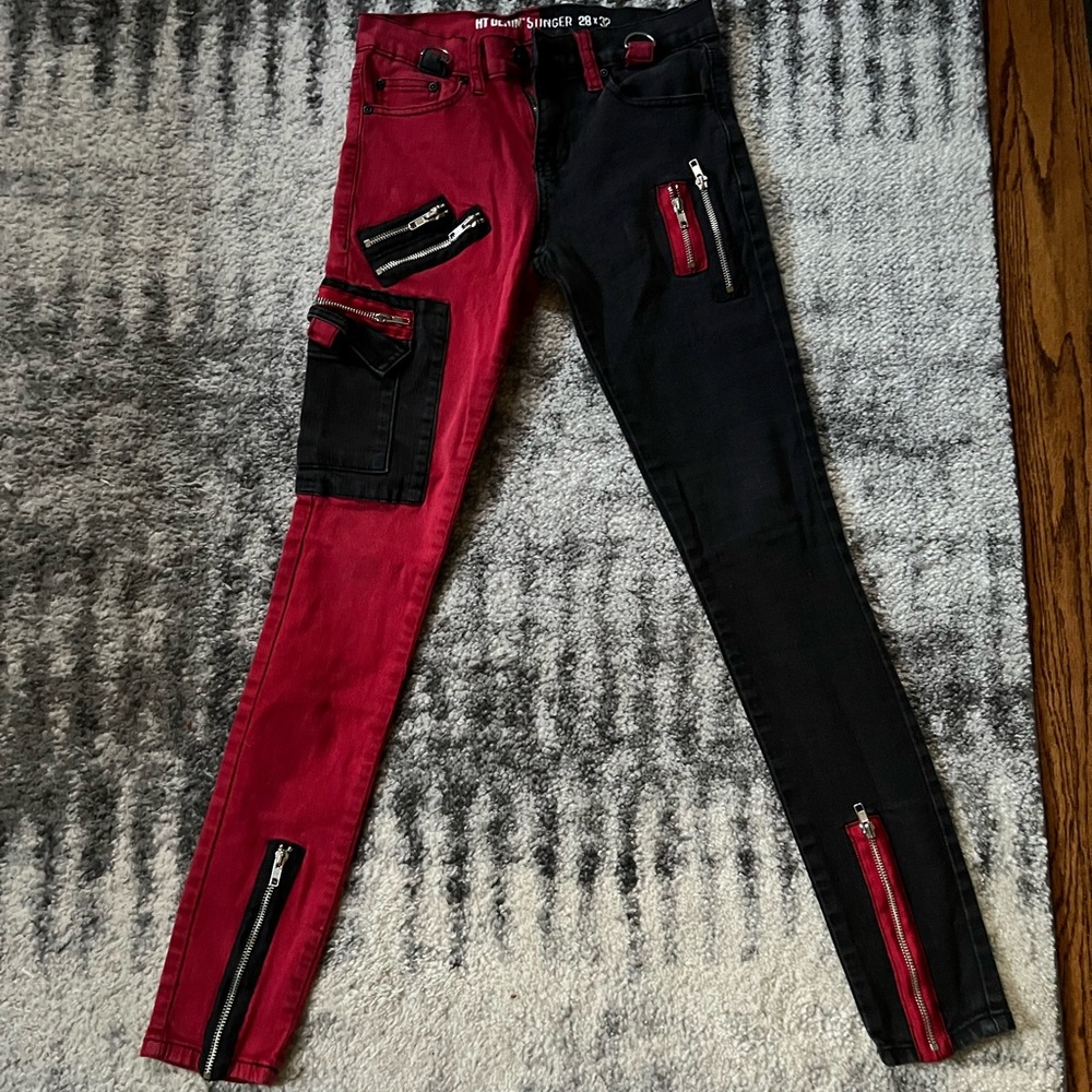 Two-Tone Red & Black Skinny Jeans